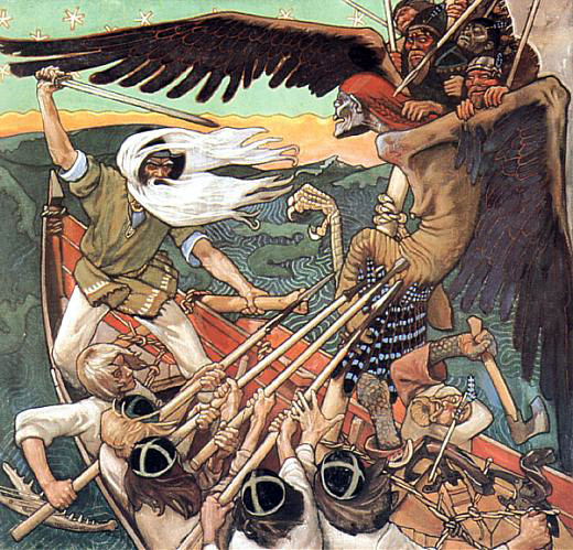 The hero of Kalevala, Väinämöinen, defending the Sampo